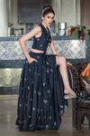 Shop_Aaryaa By Kashveen Kohli_Blue Crepe Floral Print Collared Neck Crop Top And Skirt Set _at_Aza_Fashions