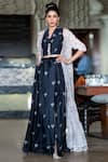 Buy_Aaryaa By Kashveen Kohli_Blue Pepper Silk And Crepe Floral Print Collared Neck Cape & Lehenga Set _at_Aza_Fashions