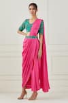 Buy_Label Nitika_Pink Satin Embroidered Sequin V Neck Pre-draped Saree With Blouse  _at_Aza_Fashions