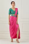 Label Nitika_Pink Satin Embroidered Sequin V Neck Pre-draped Saree With Blouse  _Online_at_Aza_Fashions