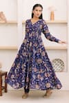 Buy_Itraake_Blue Anarkali- Cotton Silk Printed Floral V Neck Set  _Online_at_Aza_Fashions