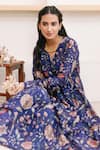 Itraake_Blue Anarkali- Cotton Silk Printed Floral V Neck Set  _at_Aza_Fashions