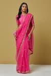 Buy_Ikshita Choudhary_Pink Organza Printed Bandhani Embroidered Saree With Blouse For Women_at_Aza_Fashions