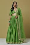 Buy_Ikshita Choudhary_Green Chanderi Printed Bandhani V Neck Lehenga Set _Online_at_Aza_Fashions