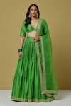 Buy_Ikshita Choudhary_Green Organza, Chanderi Sequin, Bandhani V Neck Blouse And Lehenga Set_at_Aza_Fashions