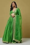 Ikshita Choudhary_Green Organza, Chanderi Sequin, Bandhani V Neck Blouse And Lehenga Set_Online_at_Aza_Fashions