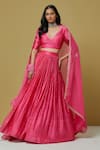 Buy_Ikshita Choudhary_Pink Chanderi Printed Bandhani V Neck Lehenga Set _at_Aza_Fashions