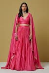 Shop_Ikshita Choudhary_Pink Chanderi Printed Bandhani V Neck Lehenga Set _Online_at_Aza_Fashions