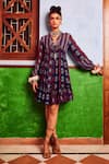 Buy_Nadima Saqib_Blue Top-georgetteslip- Shantoon Printed Geometric V Neck Dress _at_Aza_Fashions