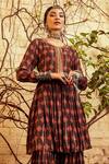 Shop_Nadima Saqib_Brown Lurex Georgette Geometric Round Printed Peplum Kurta And Sharara Set _at_Aza_Fashions