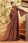 Buy_Nadima Saqib_Brown Lurex Georgette Printed Geometric V Neck Flared Sleeve Gown _at_Aza_Fashions