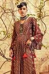 Shop_Nadima Saqib_Brown Lurex Georgette Printed Geometric V Neck Flared Sleeve Gown _at_Aza_Fashions