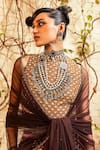 Nadima Saqib_Brown Blouse- Mulskirt- Georgettedupatta - Net Printed Geometric Round Set _Online_at_Aza_Fashions