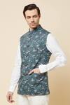 Shop_Spring Break_Green Cotton Floral Print Bundi Jacket_Online_at_Aza_Fashions