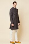 Spring Break_Grey Terry Rayon Plain Mandarin Collar Sherwani Set_Online_at_Aza_Fashions