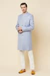 Buy_Spring Break_Blue Terry Rayon Plain Mandarin Collar Sherwani Set_at_Aza_Fashions