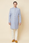 Buy_Spring Break_Blue Terry Rayon Plain Mandarin Collar Sherwani Set_Online_at_Aza_Fashions