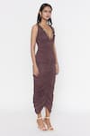 Deme by Gabriella_Brown Malai Lycra V Neck Ruched Bodycon Gown _Online_at_Aza_Fashions