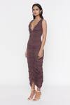 Buy_Deme by Gabriella_Brown Malai Lycra V Neck Ruched Bodycon Gown _Online_at_Aza_Fashions