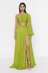 Buy_Deme by Gabriella_Green Crepe One Shoulder Gown _at_Aza_Fashions