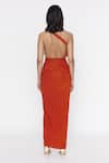 Shop_Deme by Gabriella_Orange Malai Lycra Plain One Shoulder Slit Gown _at_Aza_Fashions