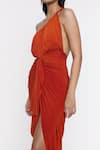 Deme by Gabriella_Orange Malai Lycra Plain One Shoulder Slit Gown _at_Aza_Fashions