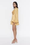Buy_Deme By Gabriella_Gold Satin V Neck Puff Sleeve Cutout Dress_Online_at_Aza_Fashions