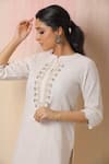 Shop_Leela By A_White Jute Cotton Embroidered Thread Nehru Collar Floral Kurta Set _at_Aza_Fashions