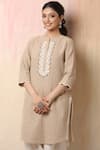 Leela By A_Beige Jute , Mulmul Floral, Thread, Ghungroo Embroidered Kurta Set _at_Aza_Fashions