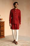 Buy_Philocaly_Red 100% Wool Embroidered Thread Work Pompously Bundi Kurta Set _at_Aza_Fashions