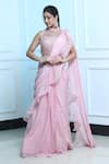 Buy_Sangeeta Swati_Pink Viscose Crepe Embroidered Pre-draped Ruffle Saree With Blouse _at_Aza_Fashions