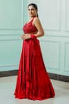 Buy_Sangeeta Swati_Red Viscose Crepe Embroidered Sequin V Neck Tiered Skirt Set _at_Aza_Fashions