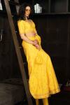 Shop_Rohini Bedi_Yellow Raw Silk Zardozi And Sequin Leaf Neck Floral Embroidered Lehenga Set _at_Aza_Fashions