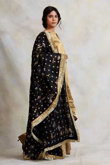 Shop_Priyanka Raajiv_Black Silk, Satin, Brocades, Upcycled Fabric- Chikankari Bead Risay Dupatta _at_Aza_Fashions