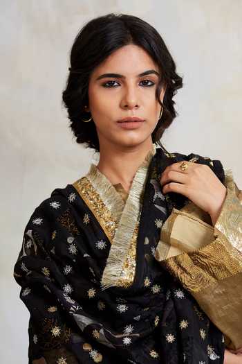 Buy_Priyanka Raajiv_Black Silk, Satin, Brocades, Upcycled Fabric- Chikankari Bead Risay Dupatta _Online_at_Aza_Fashions