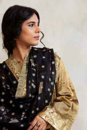 Shop_Priyanka Raajiv_Black Silk, Satin, Brocades, Upcycled Fabric- Chikankari Bead Risay Dupatta _Online_at_Aza_Fashions