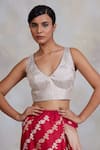 Buy_Priyanka Raajiv_Silver Tissue Silk Chanderi Plain V Neck Mrinal Sleeveless Blouse _at_Aza_Fashions