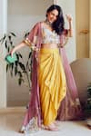 Buy_Leela By A_Purple Linen-satin And Embroidered Cape With Draped Dhoti Skirt Set _Online_at_Aza_Fashions
