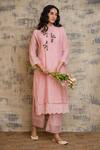 Buy_Dhaari_Pink Cotton Silk Band Collar Block Print Kurta _at_Aza_Fashions