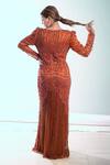 Shop_Ambrosia_Orange Nylon Mesh Sequin Embroidered Slit Gown_at_Aza_Fashions