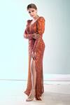 Ambrosia_Orange 100% Nylon Mesh Sequin Work V Neck Embroidered Slit Gown _Online_at_Aza_Fashions