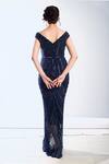 Shop_Ambrosia_Blue 100% Nylon Mesh Bead Work, Cutdana Work, Embroidered Off Shoulder Gown _at_Aza_Fashions
