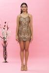 Shop_Ambrosia_Gold 100% Nylon Mesh Embellished Sequin V Neck Strappy Short Dress _Online_at_Aza_Fashions