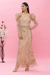 Buy_Ambrosia_Pink 100% Nylon Mesh Embellished Sequin Sweetheart Neck Puffed Sleeve Gown _at_Aza_Fashions