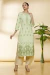 Buy_Samyukta Singhania_Green Cotton Printed Floral Round Kurta _at_Aza_Fashions