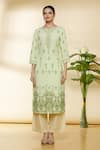 Shop_Samyukta Singhania_Green Cotton Printed Floral Round Kurta _Online_at_Aza_Fashions