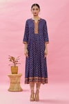 Shop_Samyukta Singhania_Blue Viscose Rayon Embroidered Thread Work Round Notched Floral Print Kurta _Online_at_Aza_Fashions