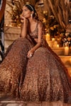 SurabhiChopraLabel_Brown Tulle Hand Embroidered Cutdana Work V Neck Bridal Lehenga Set  _Online_at_Aza_Fashions