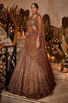 Buy_SurabhiChopraLabel_Brown Tulle Hand Embroidered Cutdana Work V Neck Bridal Lehenga Set  _Online_at_Aza_Fashions