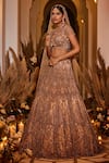 Shop_SurabhiChopraLabel_Gold Tulle Hand Embroidered Thread Work Jaal Bridal Lehenga Set  _Online_at_Aza_Fashions